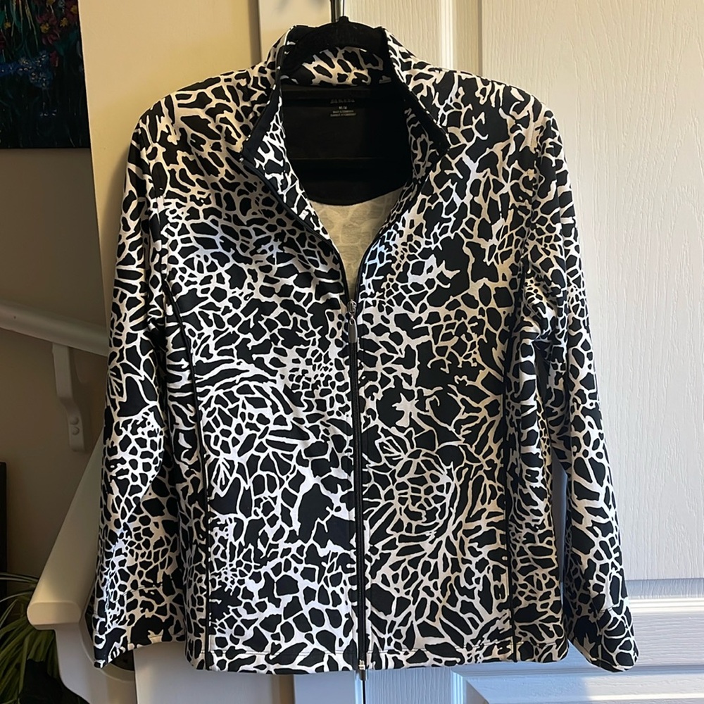 Alia stretchy zip up cow animal print light jacket with pockets